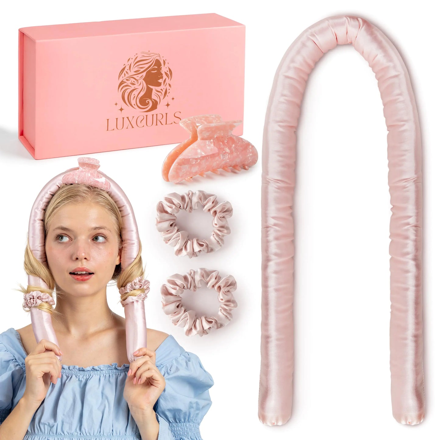 LuxCurls Lockenstab-Set ohne Hitze – Seidenlockenstäbe mit Haargummis und Haarspange für Locken ohne Hitze, bequeme Lockenwickler zum Übernachten