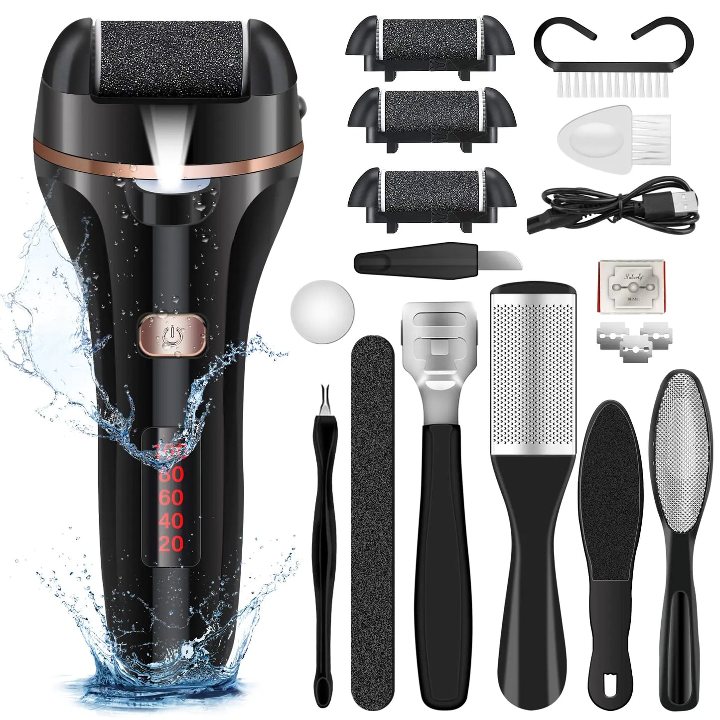 MOREVAC Electric Foot File Callus Remover Rechargeable Pedicure Tools Foot Care Kit Callus Remover for Feet with 3 Roller Heads2 Speed for Remove Cracked Heels Calluses and Hard Skin