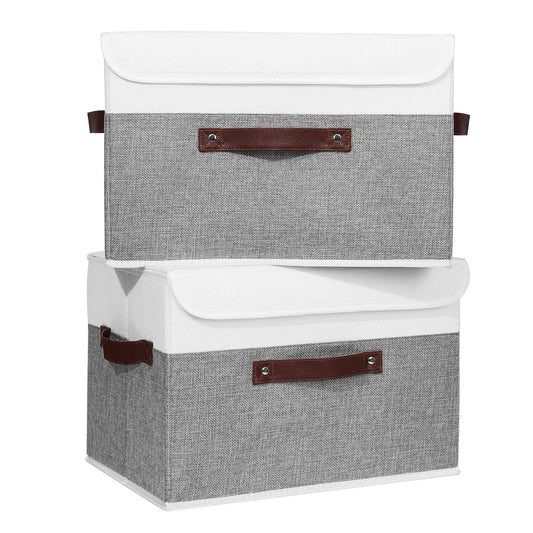 ANMINY 2PCS Storage Boxes with Lid Washable Decorative Storage Bins Basket with PU Leather Handle Foldable Linen Fabric Storage Cubes Containers for Home Closet Organizer - Gray White Large Size